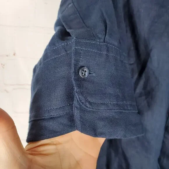 NEW Lauren Ralph Lauren Tie Front Linen Shirtdress Sz 10 Navy Blue Short Sleeve - Picture 7 of 13